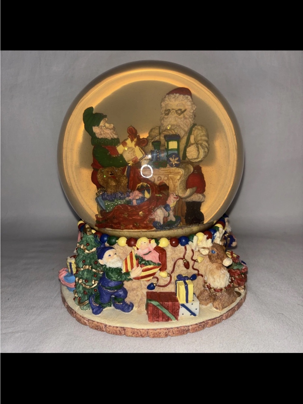 Vintage Holiday Christmas Large 8” tall Snow Water Globe Santa & Elf w Music Box
